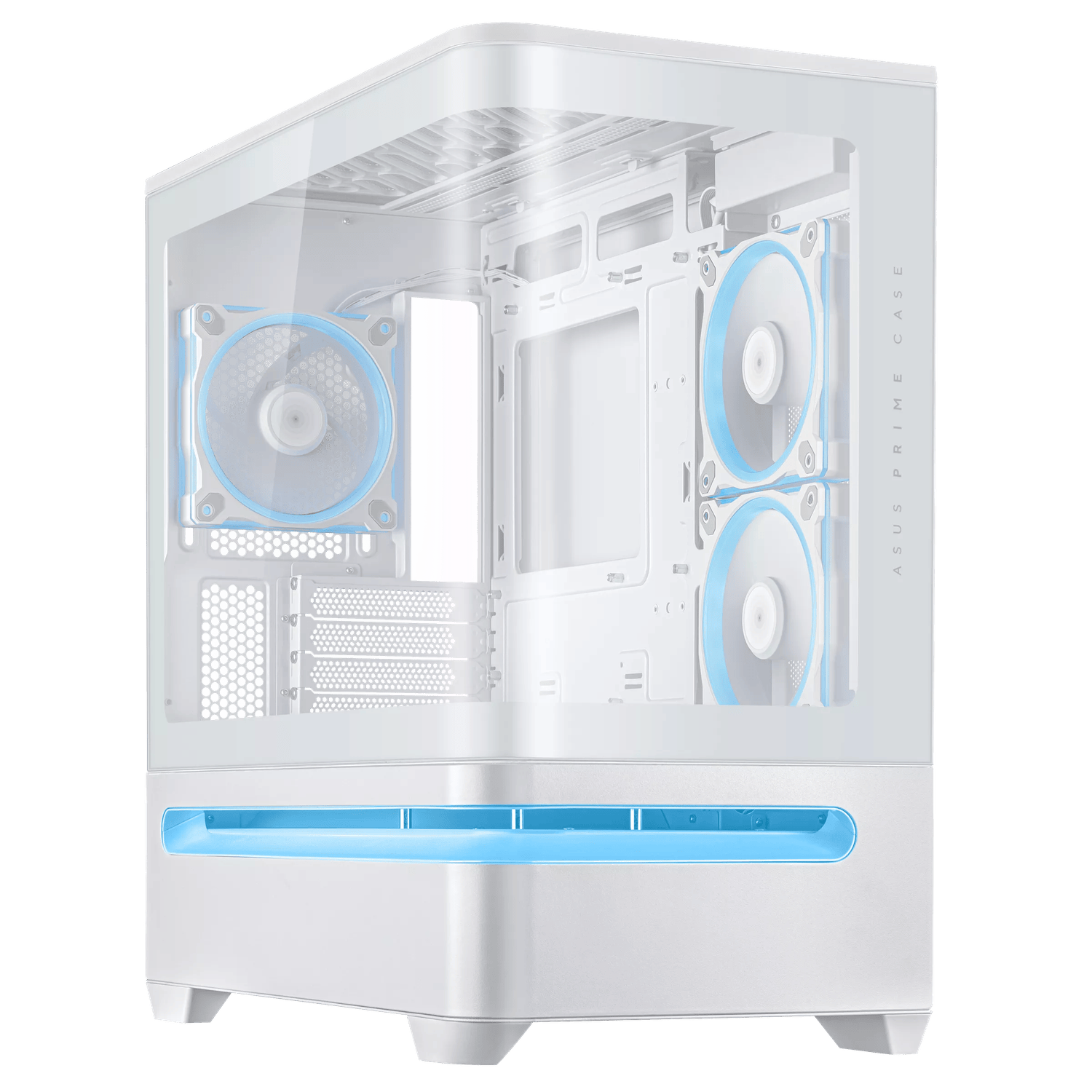 White ASUS Prime gaming PC chassis with illuminated fans